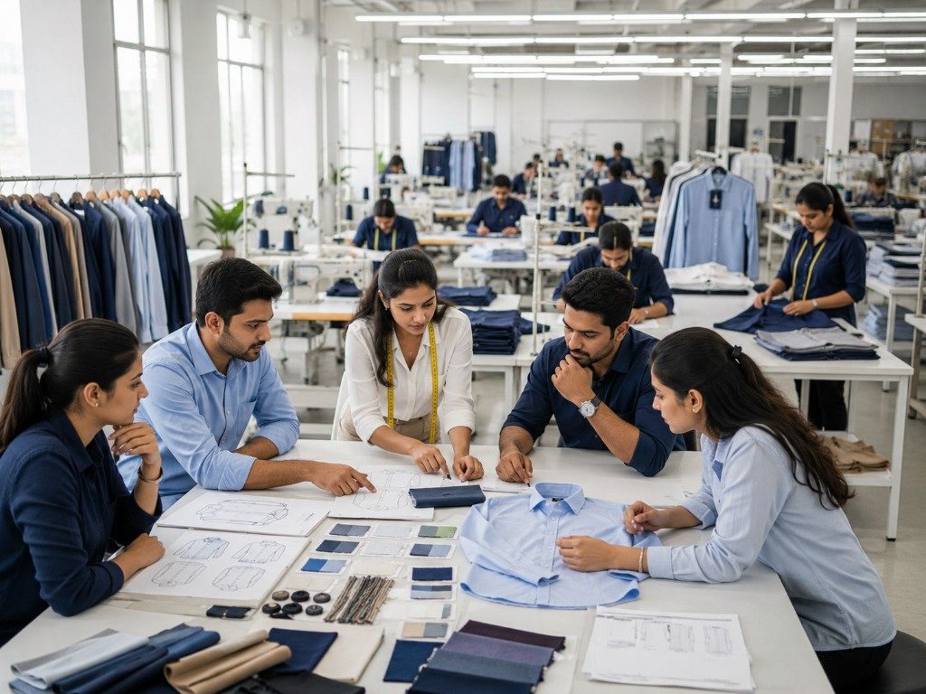 Team reviewing fabric